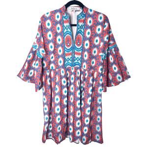 Bella Tu Ikat Beaded Tunic Bell Sleeve Cotton Dress Blue Coral Sz XS